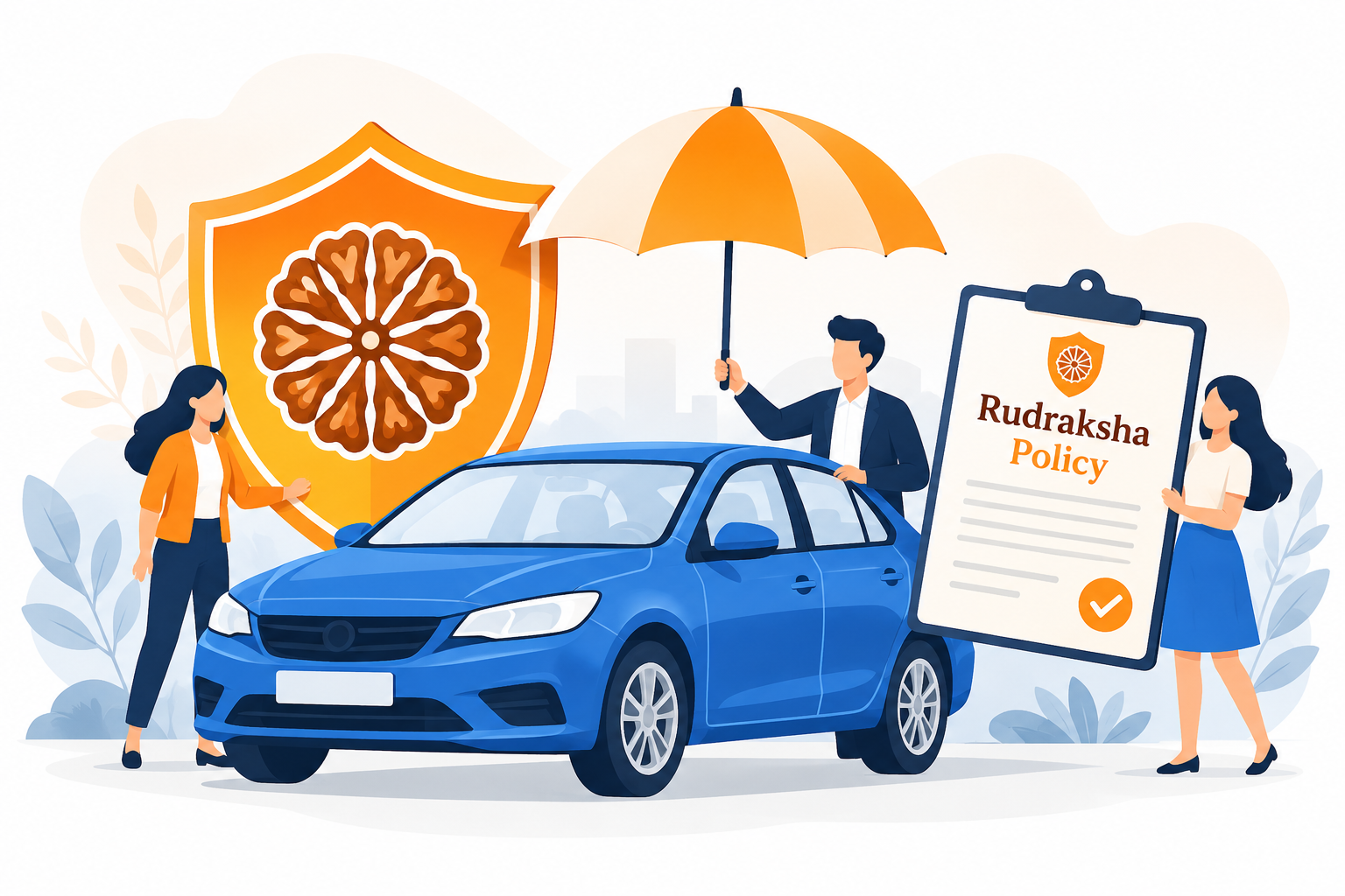 Rudraksha Policy — car protection with shield and umbrella
